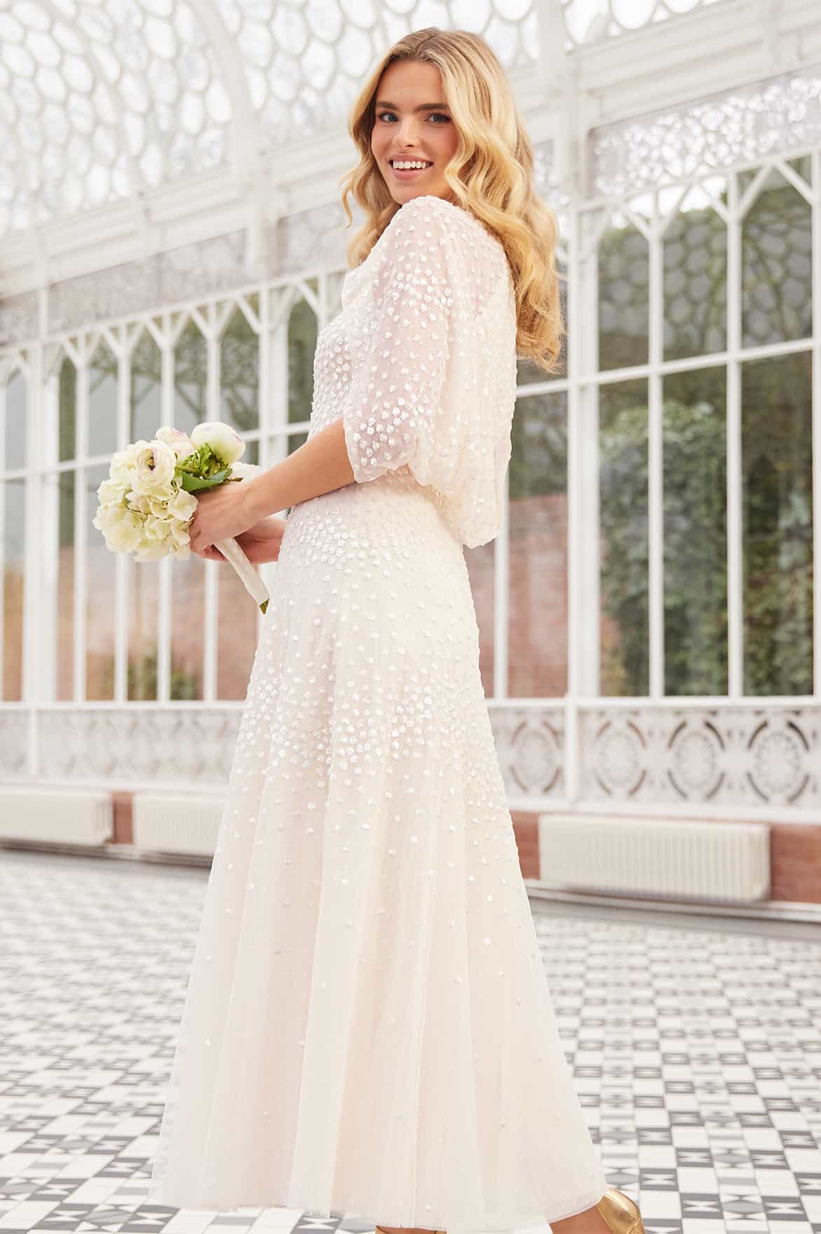 Scallop Sequin Cape Ankle Gown