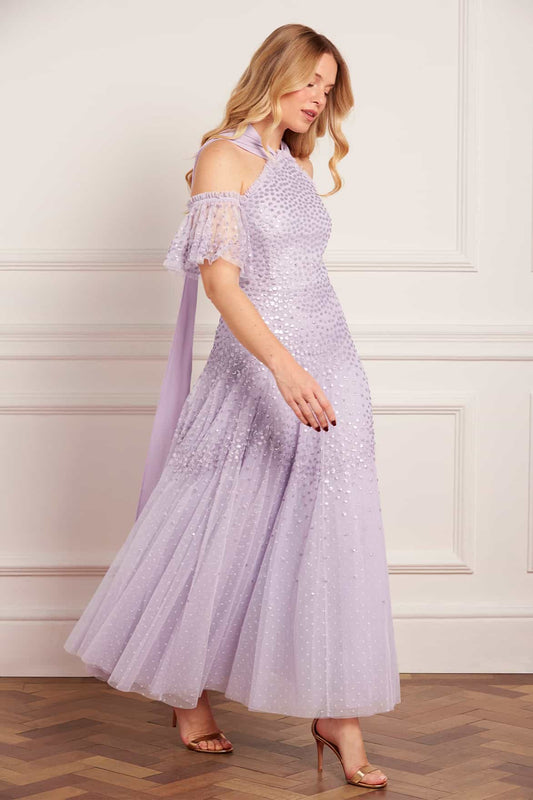 Scallop Sequin Halter-Neck Ankle Gown
