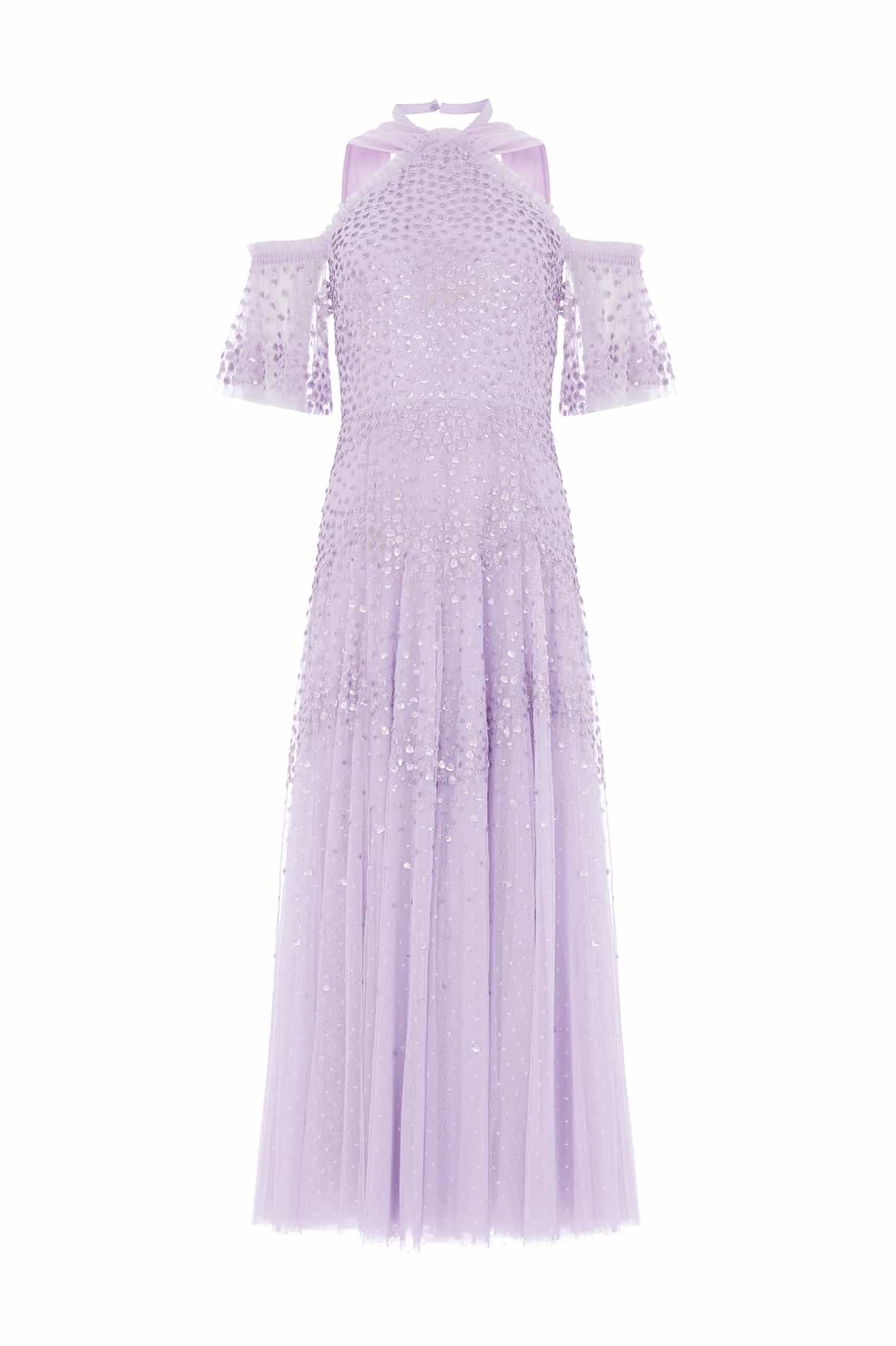 Scallop Sequin Halter-Neck Ankle Gown