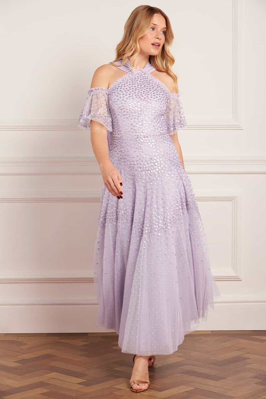 Scallop Sequin Halter-Neck Ankle Gown