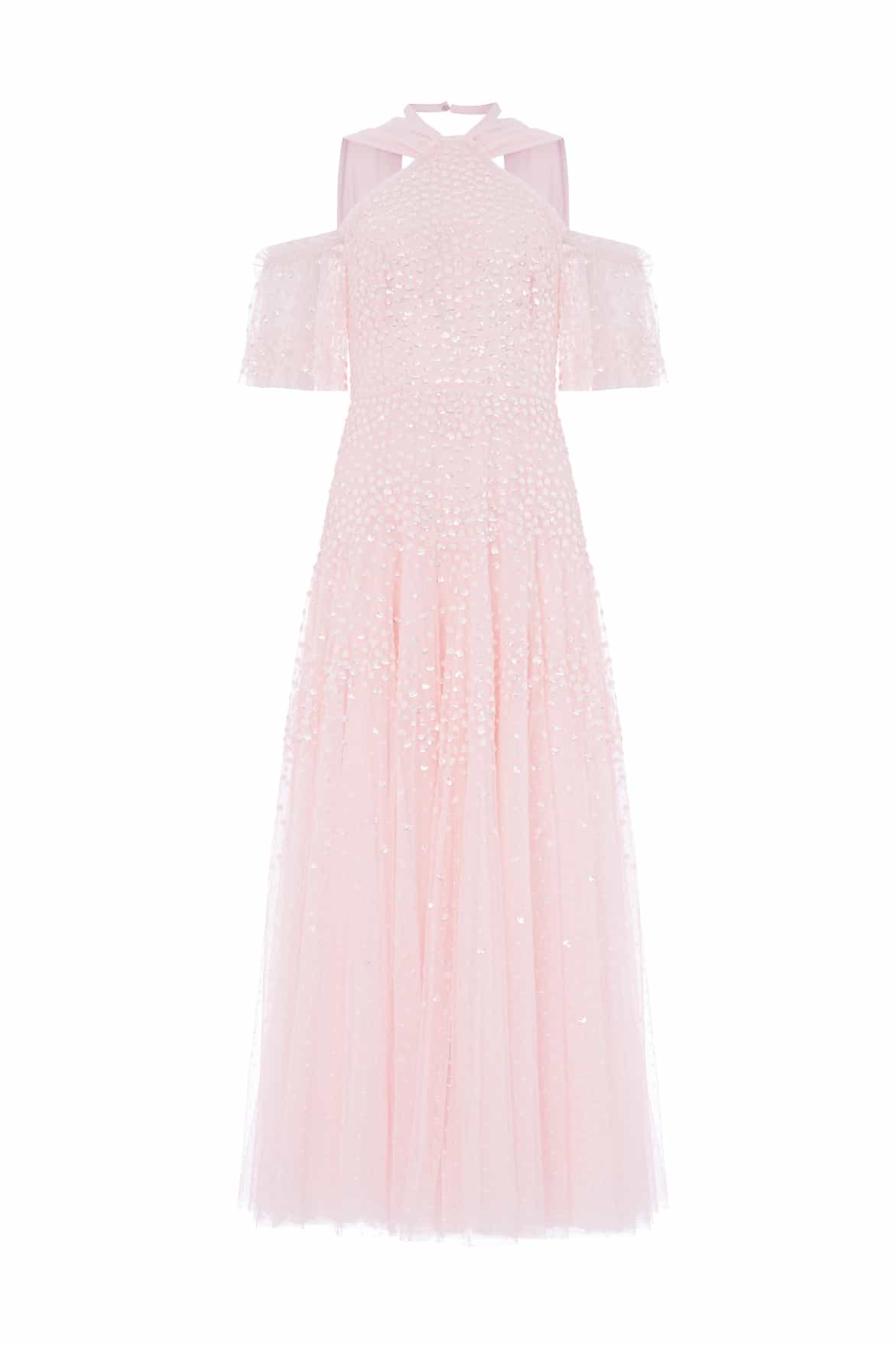 Scallop Sequin Halter-Neck Ankle Gown