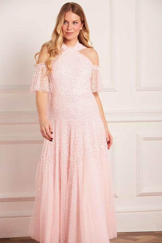 Scallop Sequin Halter-Neck Ankle Gown