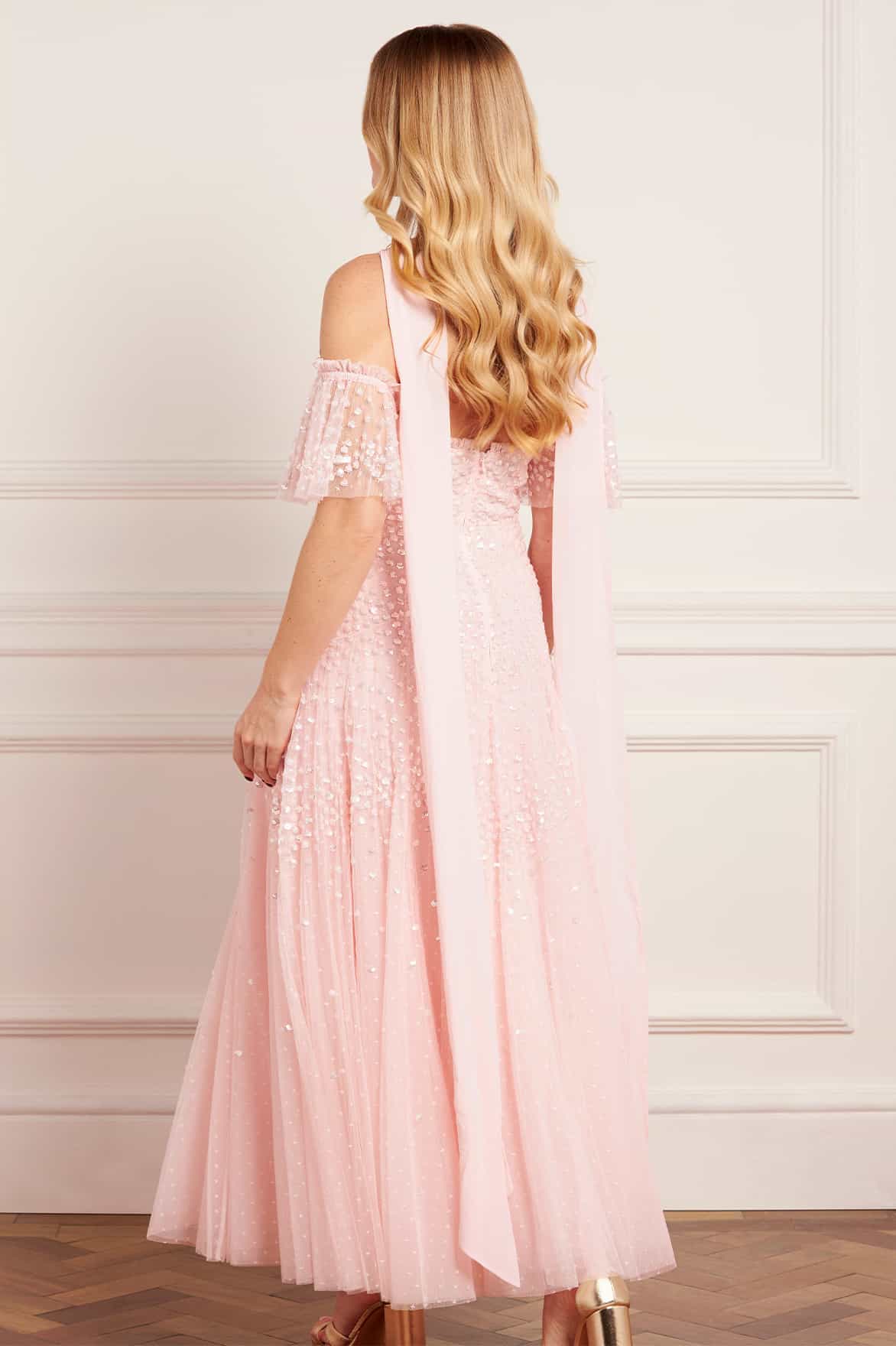 Scallop Sequin Halter-Neck Ankle Gown