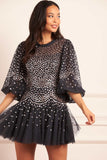 Scallop Sequin Round Neck Micro Mini Dress