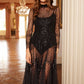 Scallop Sequin Sheer Bow Ankle Gown