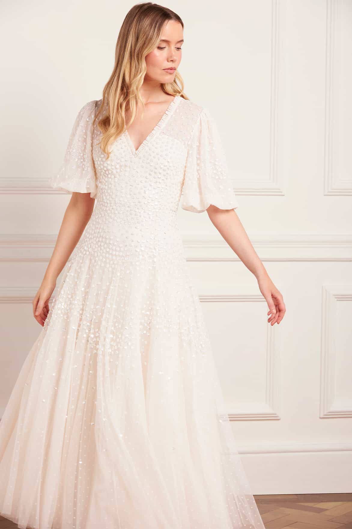 Scallop Sequin V-Neck Ankle Gown