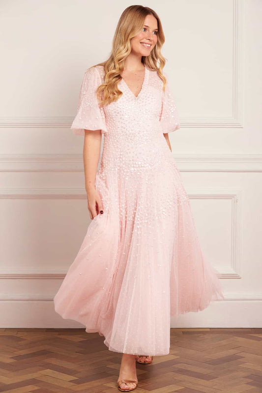 Scallop Sequin V-Neck Ankle Gown
