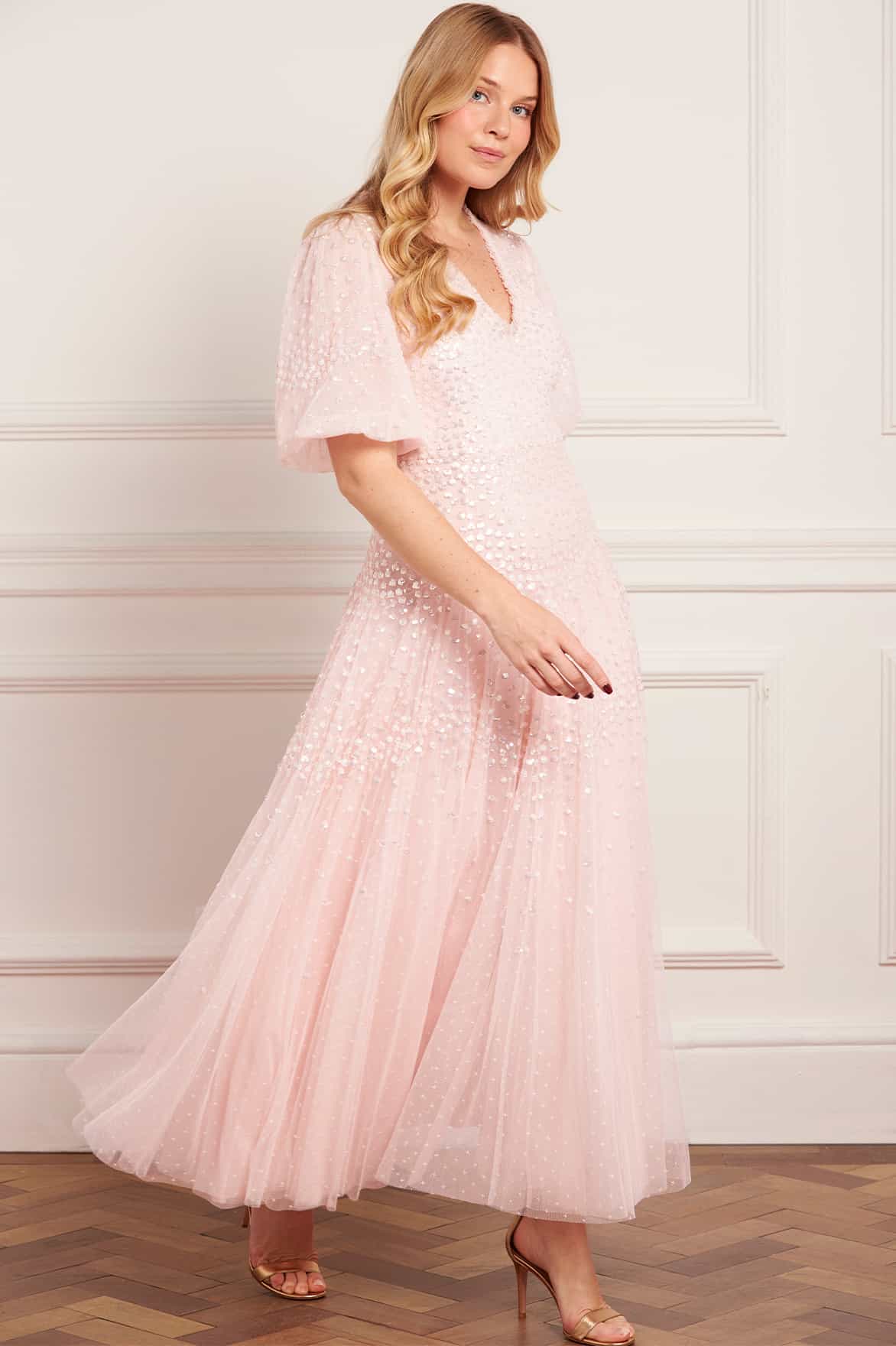 Scallop Sequin V-Neck Ankle Gown
