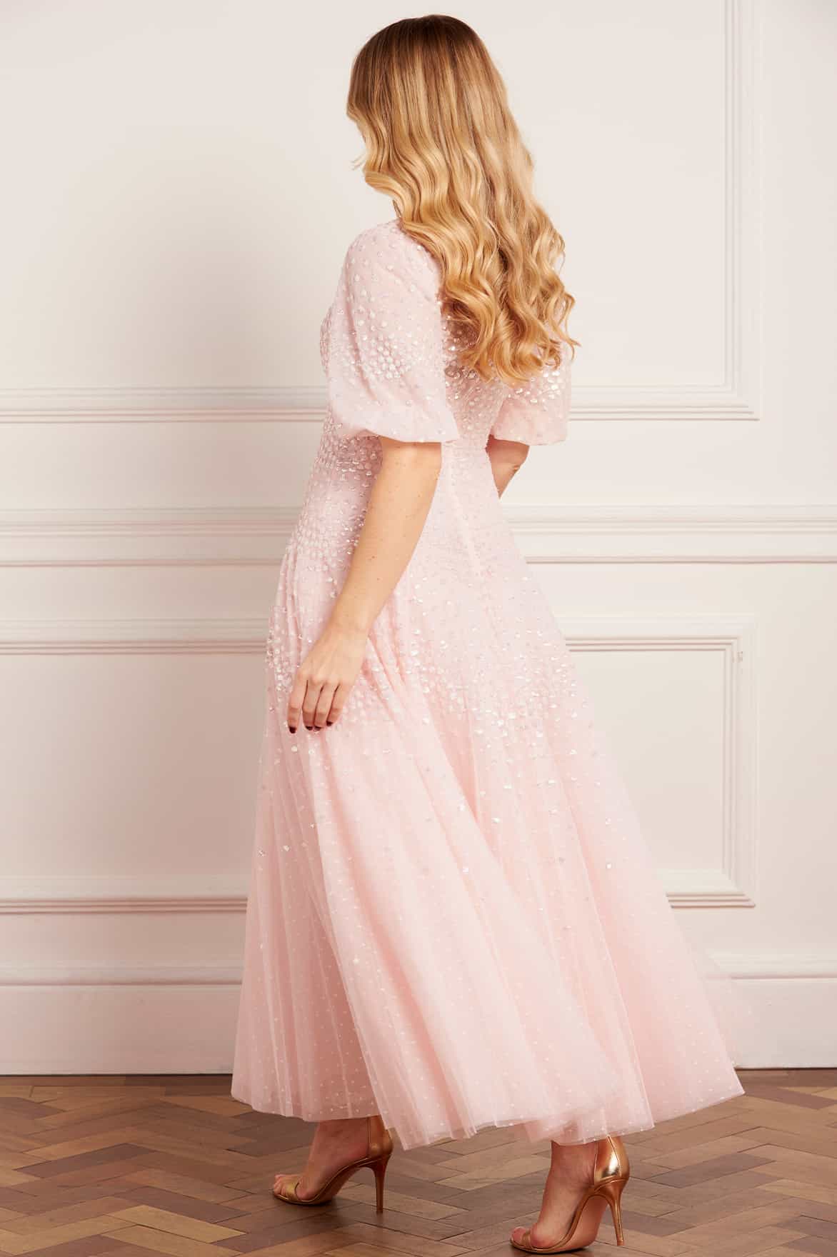 Scallop Sequin V-Neck Ankle Gown