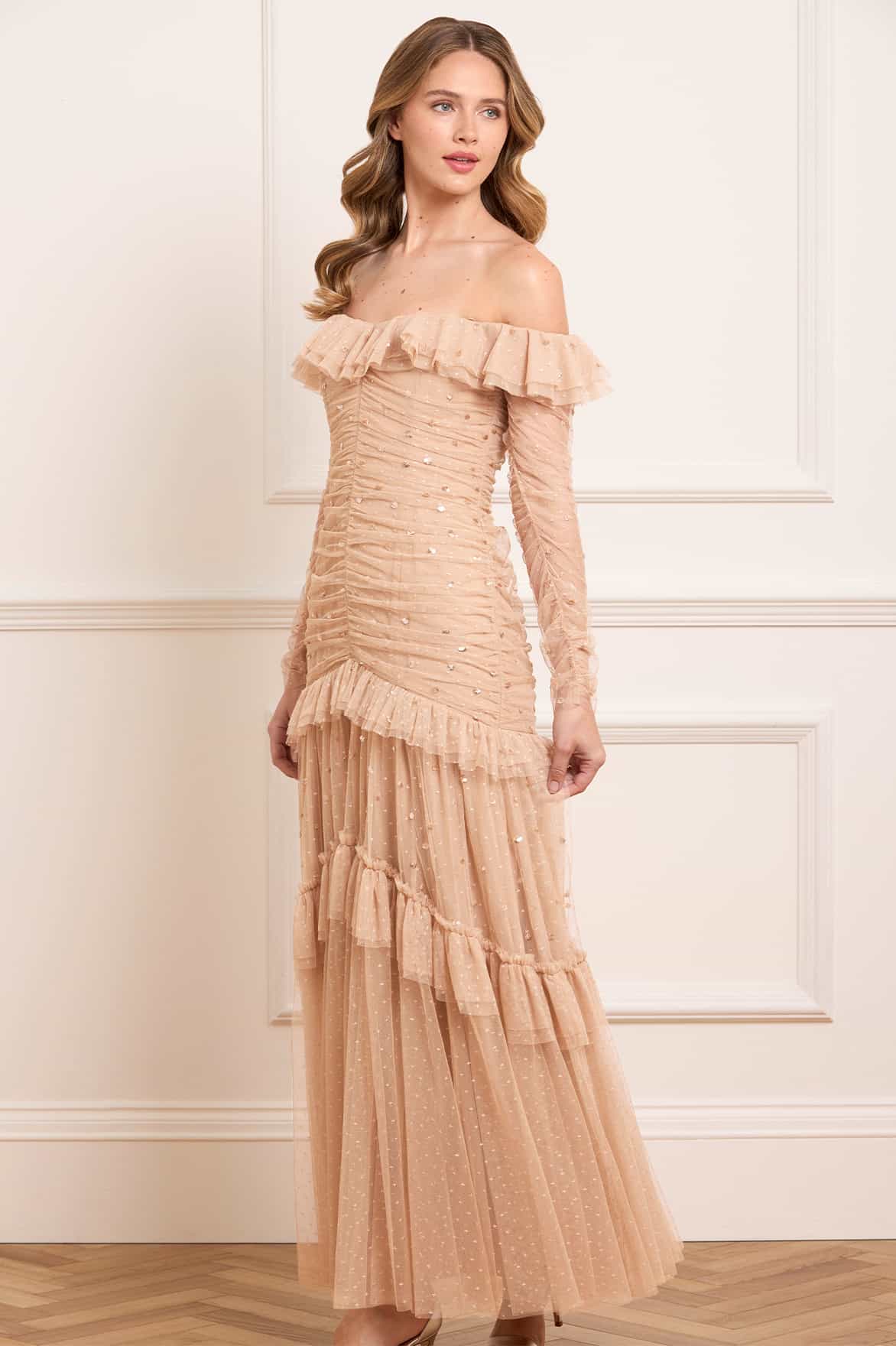 Sequin Glimmer Rouched Off-Shoulder Gown