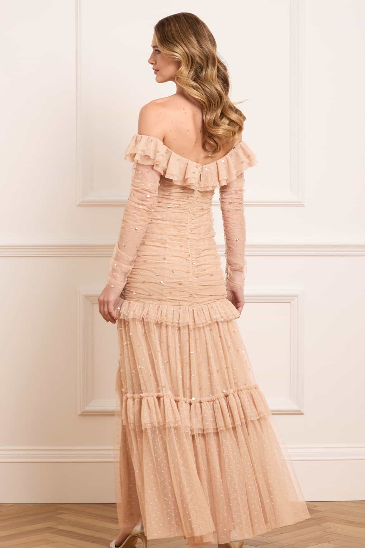 Sequin Glimmer Rouched Off-Shoulder Gown