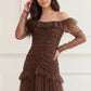 Sequin Glimmer Rouched Off-Shoulder Gown