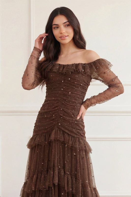 Sequin Glimmer Rouched Off-Shoulder Gown