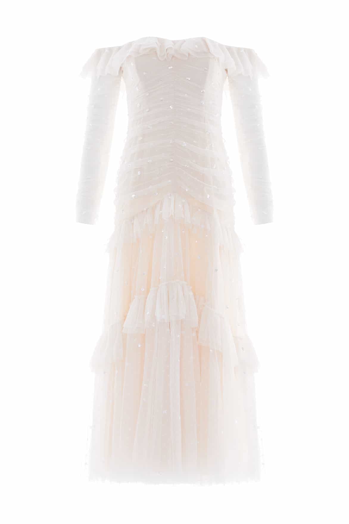 Sequin Glimmer Rouched Off-Shoulder Gown
