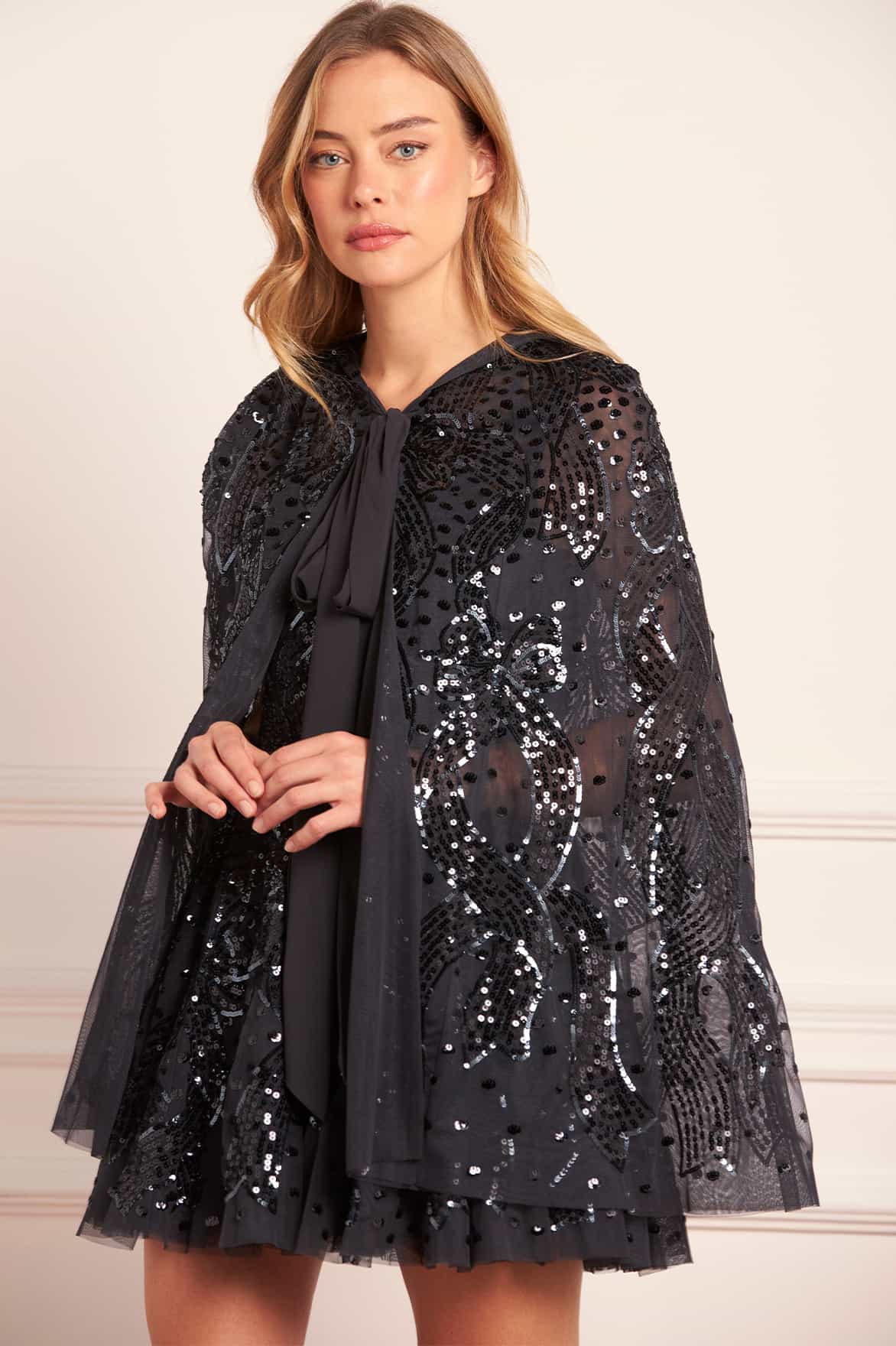 Sequin Ribbon Hooded Cape