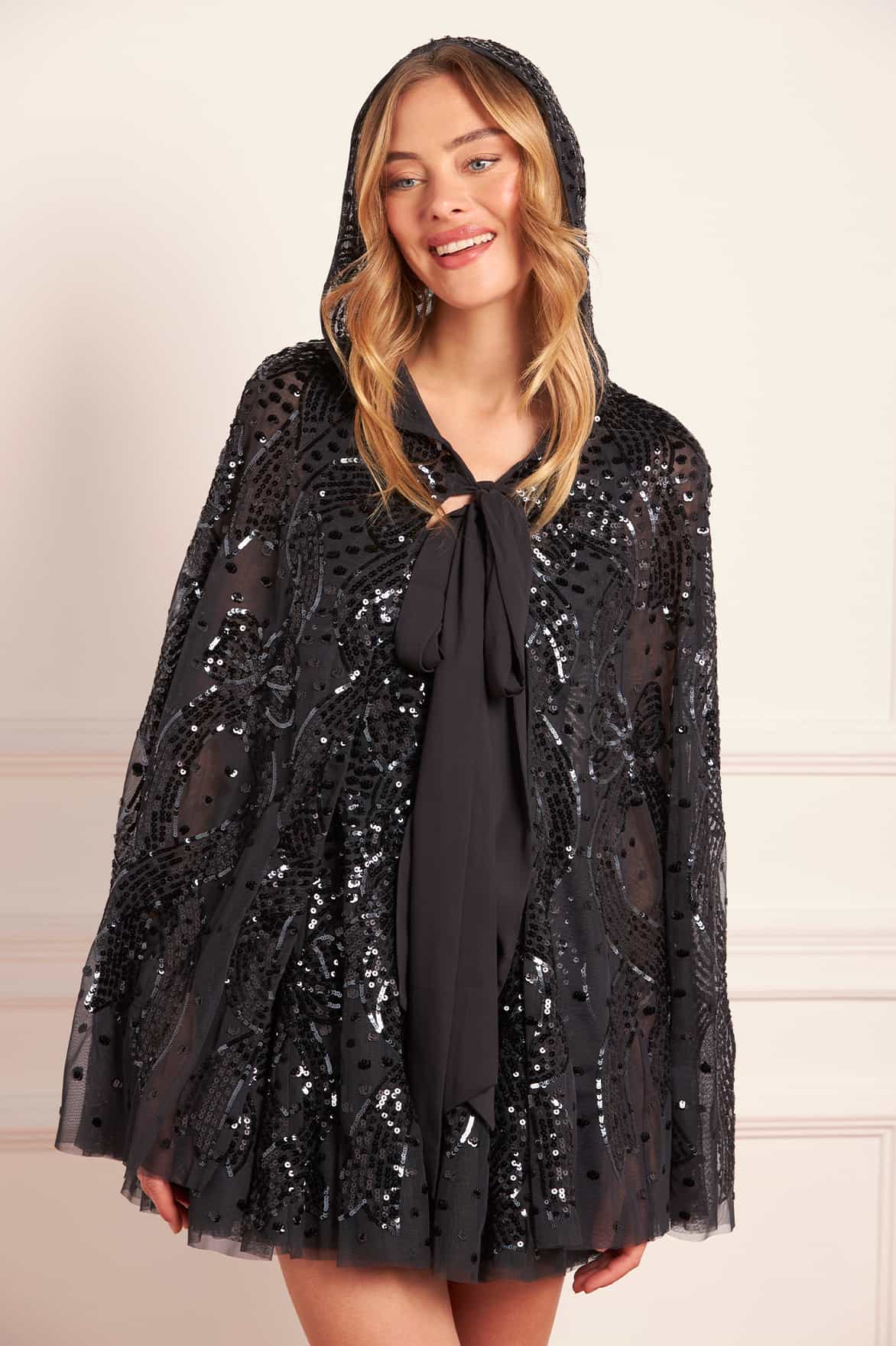 Sequin Ribbon Hooded Cape