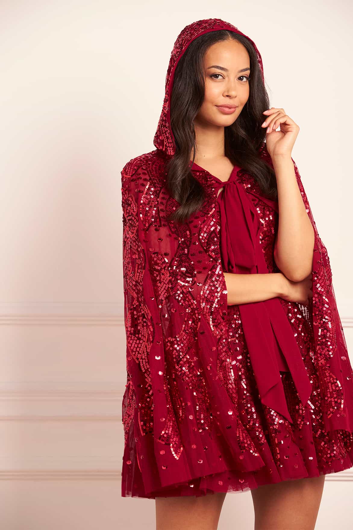 Sequin Ribbon Hooded Cape