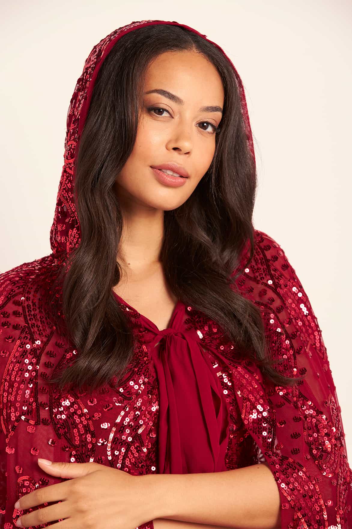 Sequin Ribbon Hooded Cape