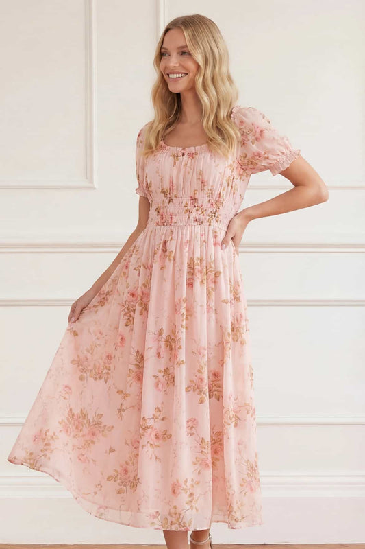 Summer's Rose Shirred Short Sleeve Ballerina Dress