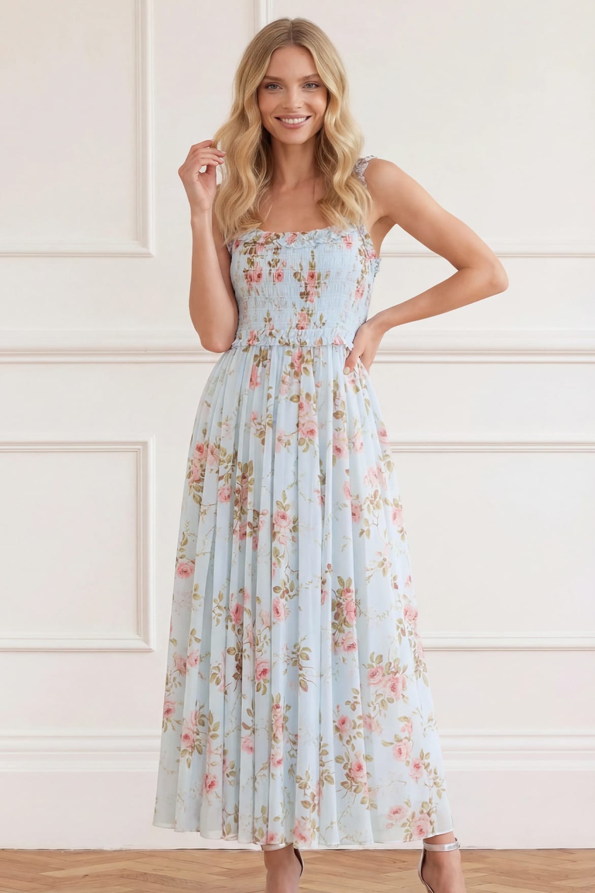 Summer's Rose Chiffon Smocked Cami Ankle Gown