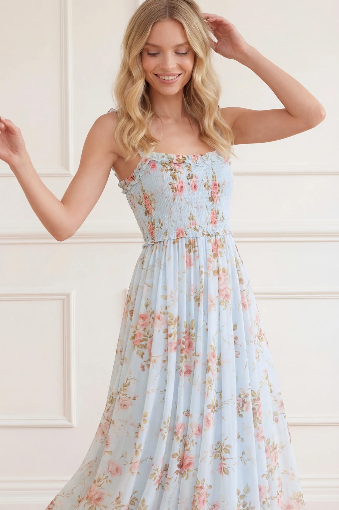 Summer's Rose Chiffon Smocked Cami Ankle Gown