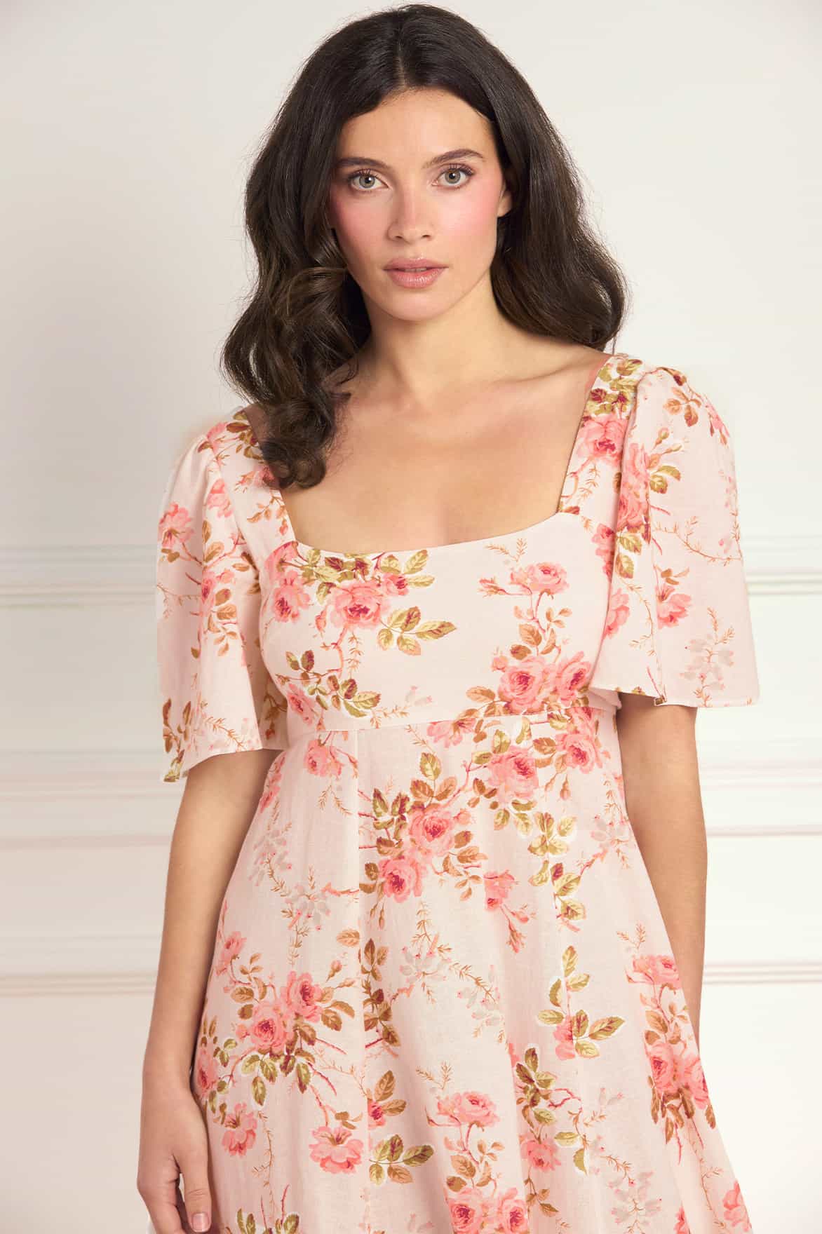 Summer's Rose Linen Blend Short Sleeve Ankle Gown