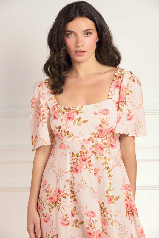 Summer's Rose Linen Blend Short Sleeve Ankle Gown