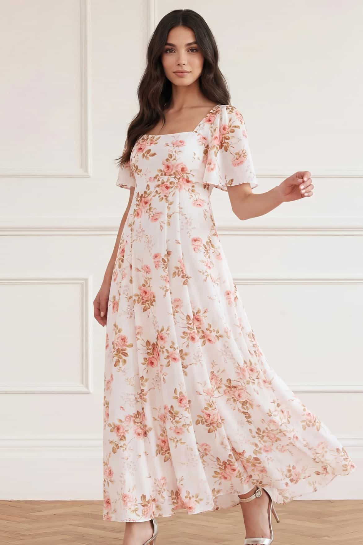 Summer's Rose Linen Blend Short Sleeve Ankle Gown