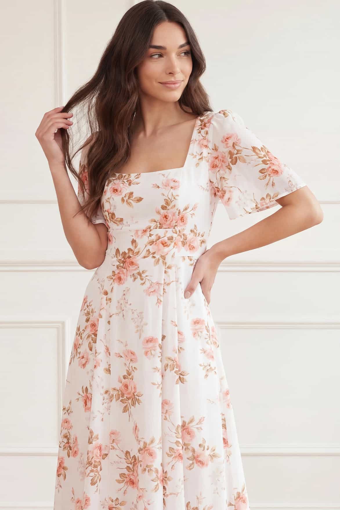 Summer's Rose Linen Blend Short Sleeve Ankle Gown