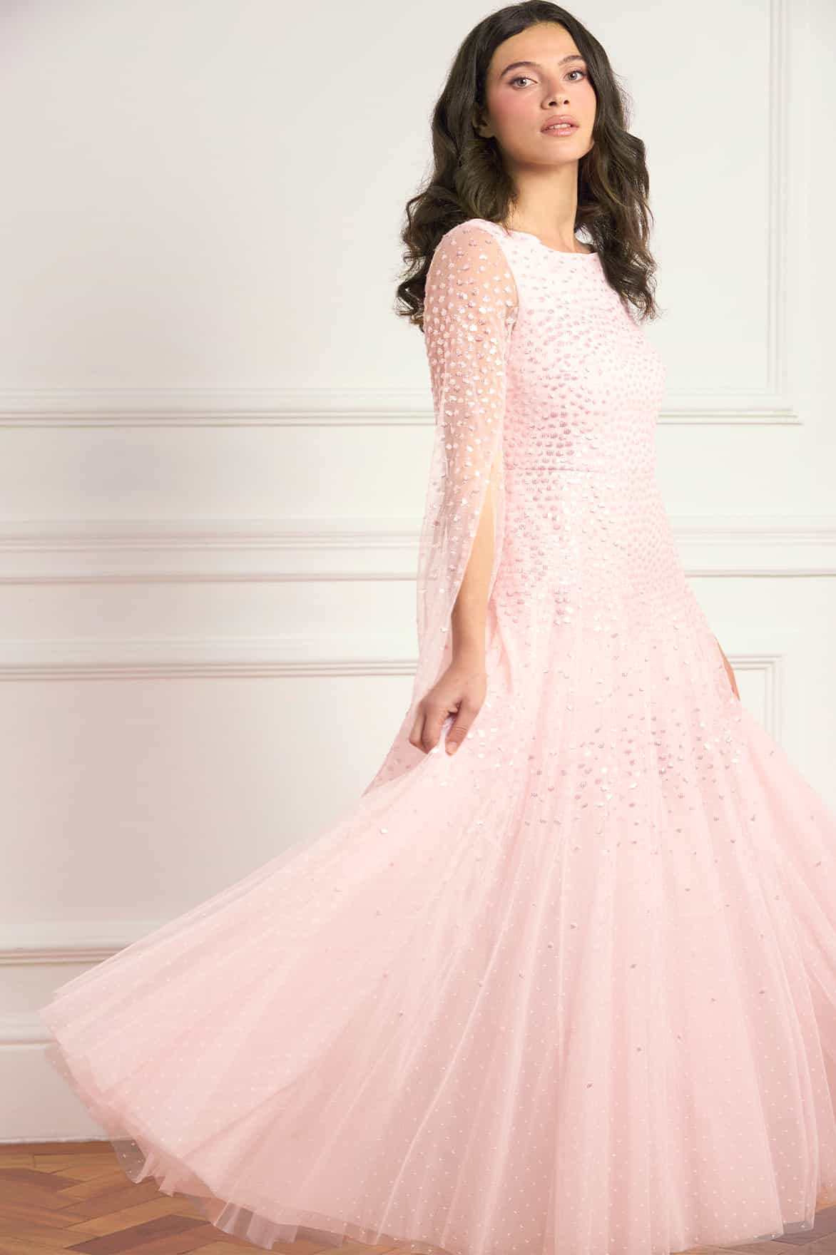 Sunrise Sequin Cape Sleeve Ankle Gown
