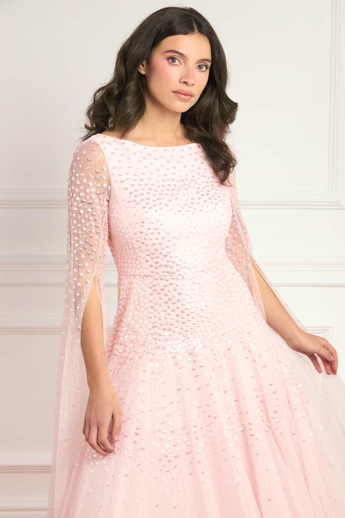 Sunrise Sequin Cape Sleeve Ankle Gown