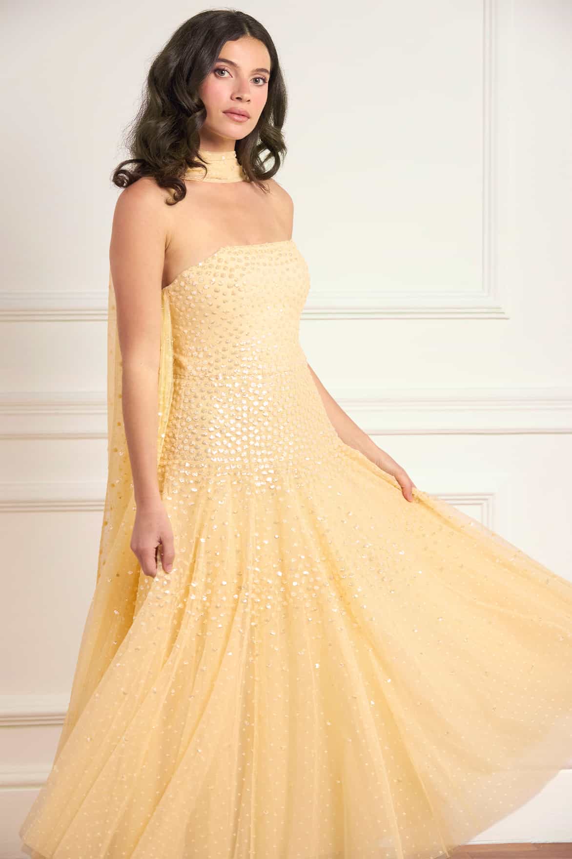 Sunrise Sequin Strapless Cape Ballerina Dress