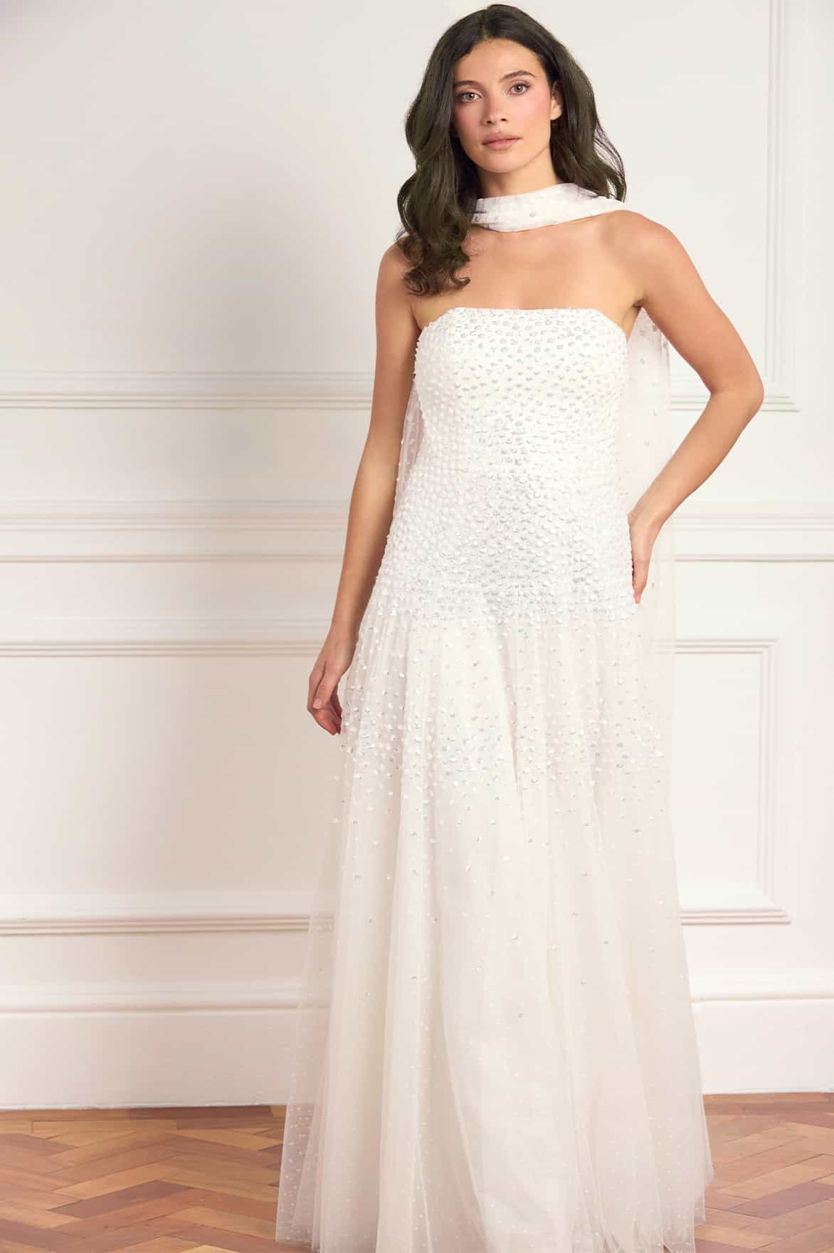 Sunrise Sequin Strapless Cape Gown