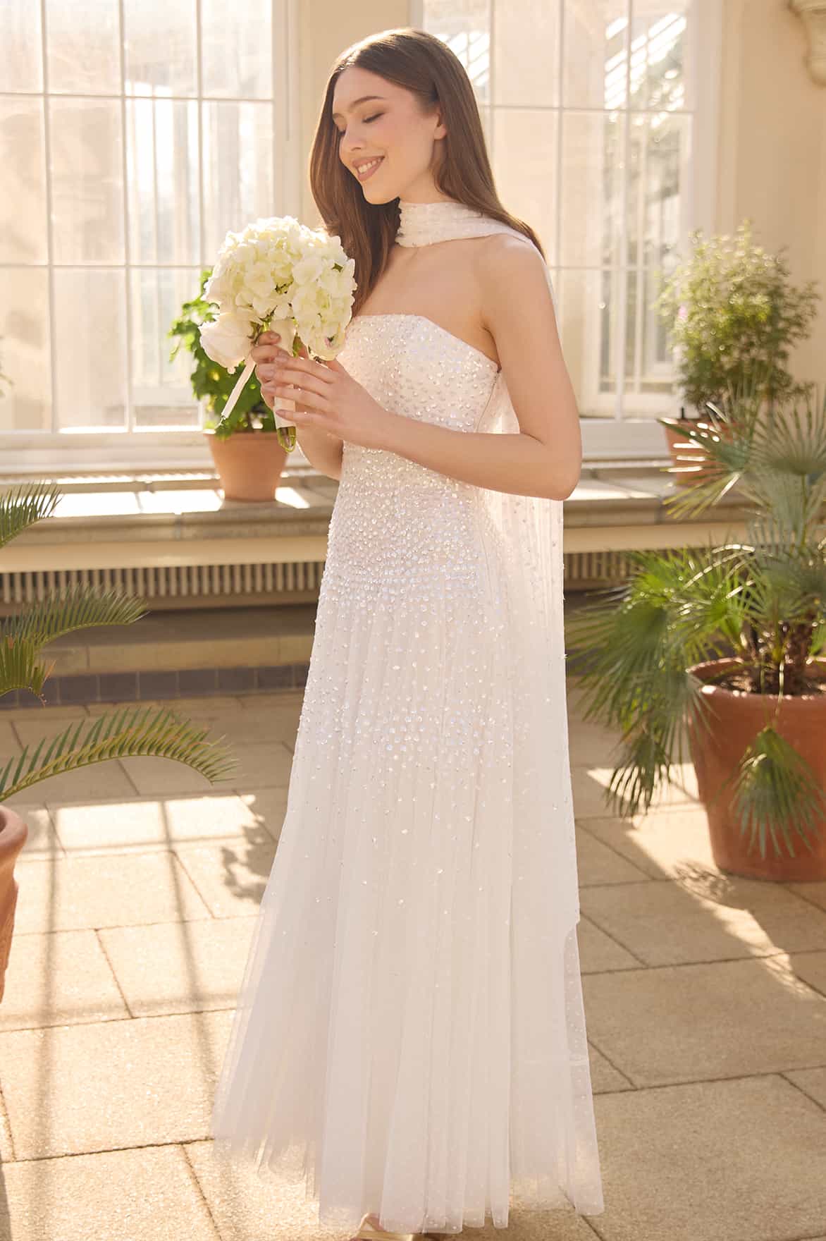 Sunrise Sequin Strapless Cape Gown