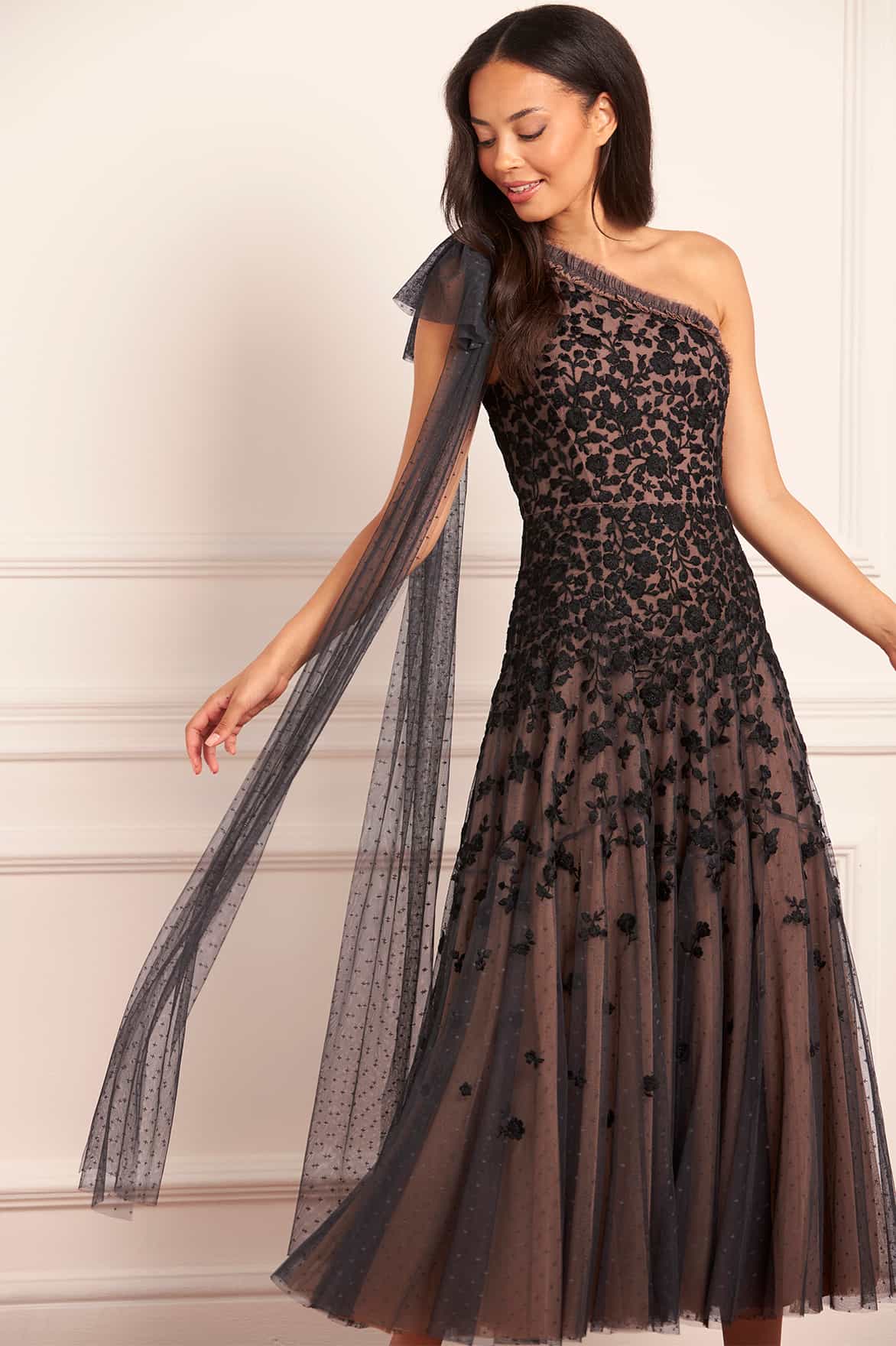 Sylvia Rose One-Shoulder Bow Ankle Gown