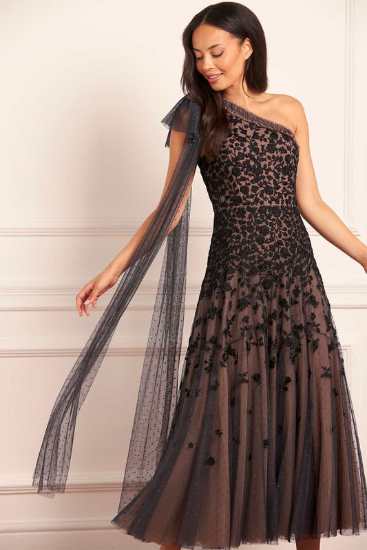 Sylvia Rose One-Shoulder Bow Ankle Gown