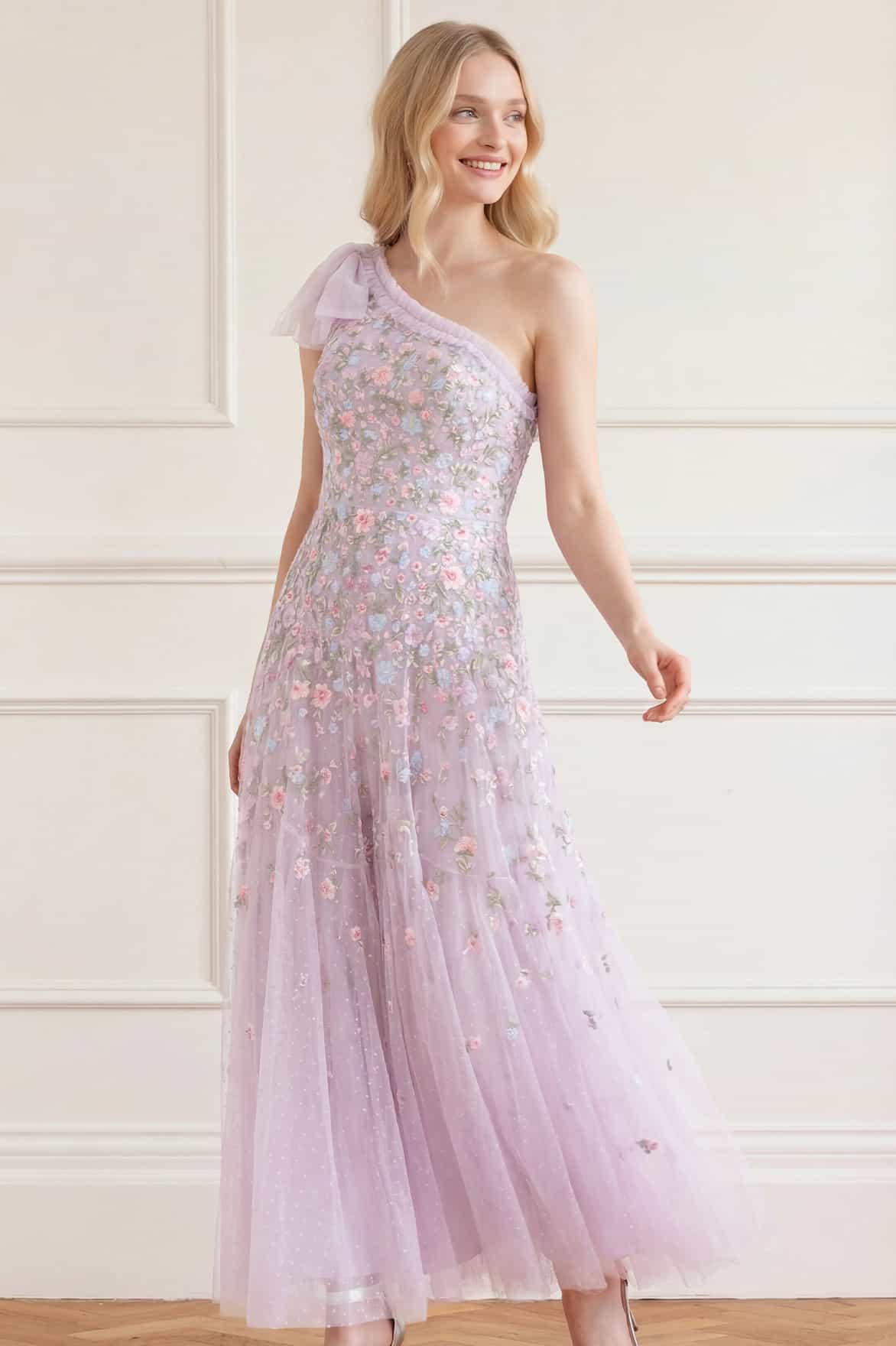 Sylvia Rose One-Shoulder Bow Ankle Gown