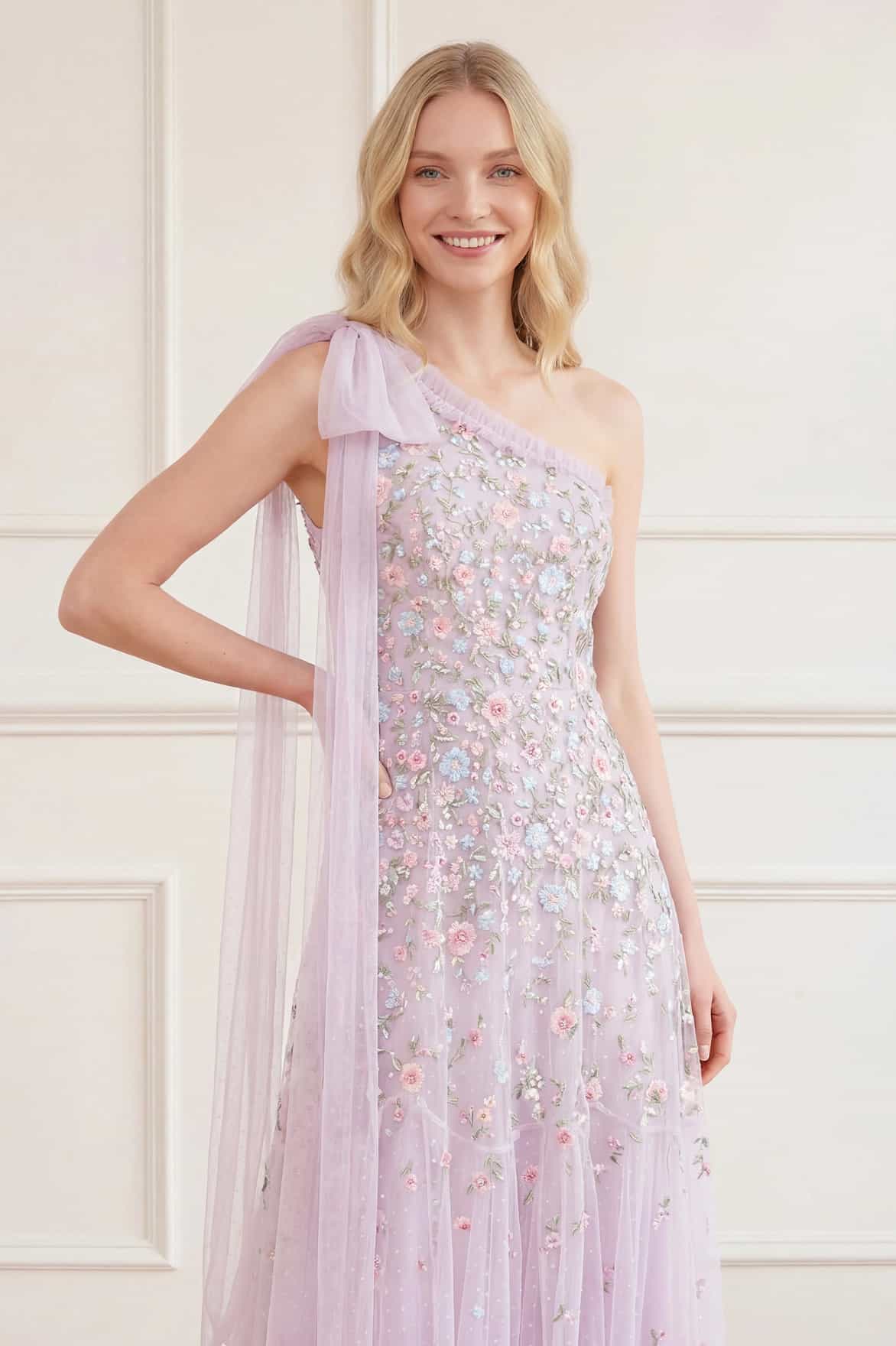 Sylvia Rose One-Shoulder Bow Ankle Gown