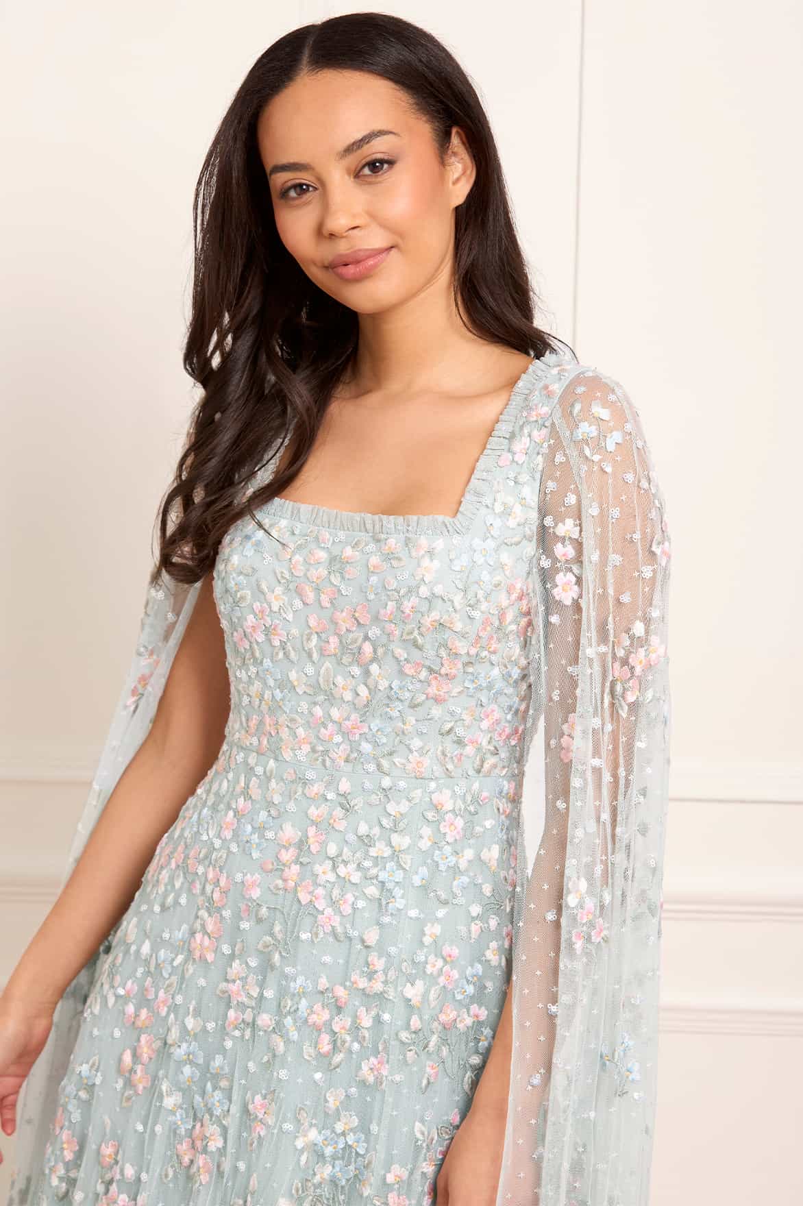 Versailles Ditsy Cape Sleeve Ankle Gown